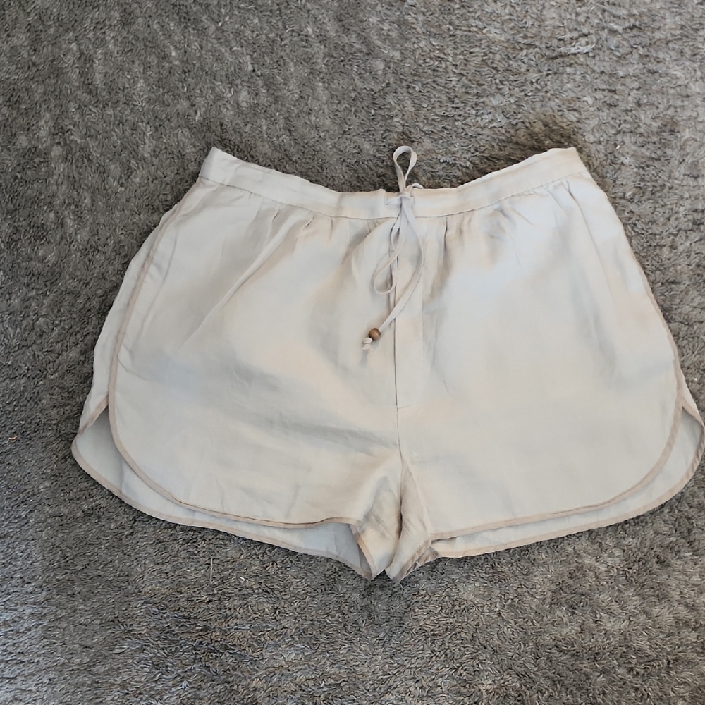 Zara Cream/taupe Drawstring Athletic Shorts with Contrast Piping 100% Linen